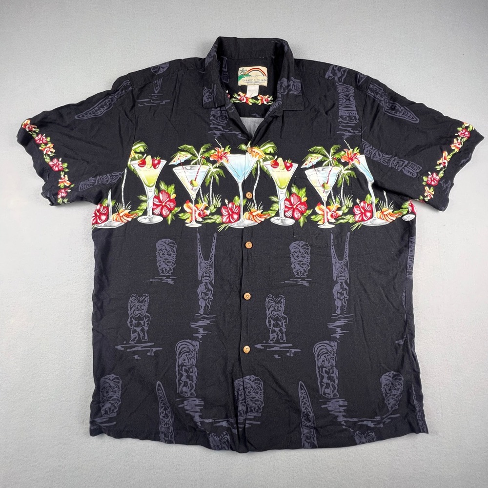 Paradise Found Button Up Shirt  XL Black Tiki Cocktail Tropical Hawaiian Aloha‎